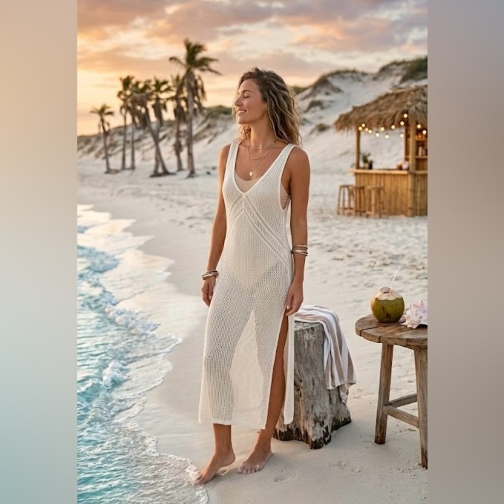 Boho Crochet Knit Maxi Cover Up Dress White Sleeveless V-Back Summer Resort